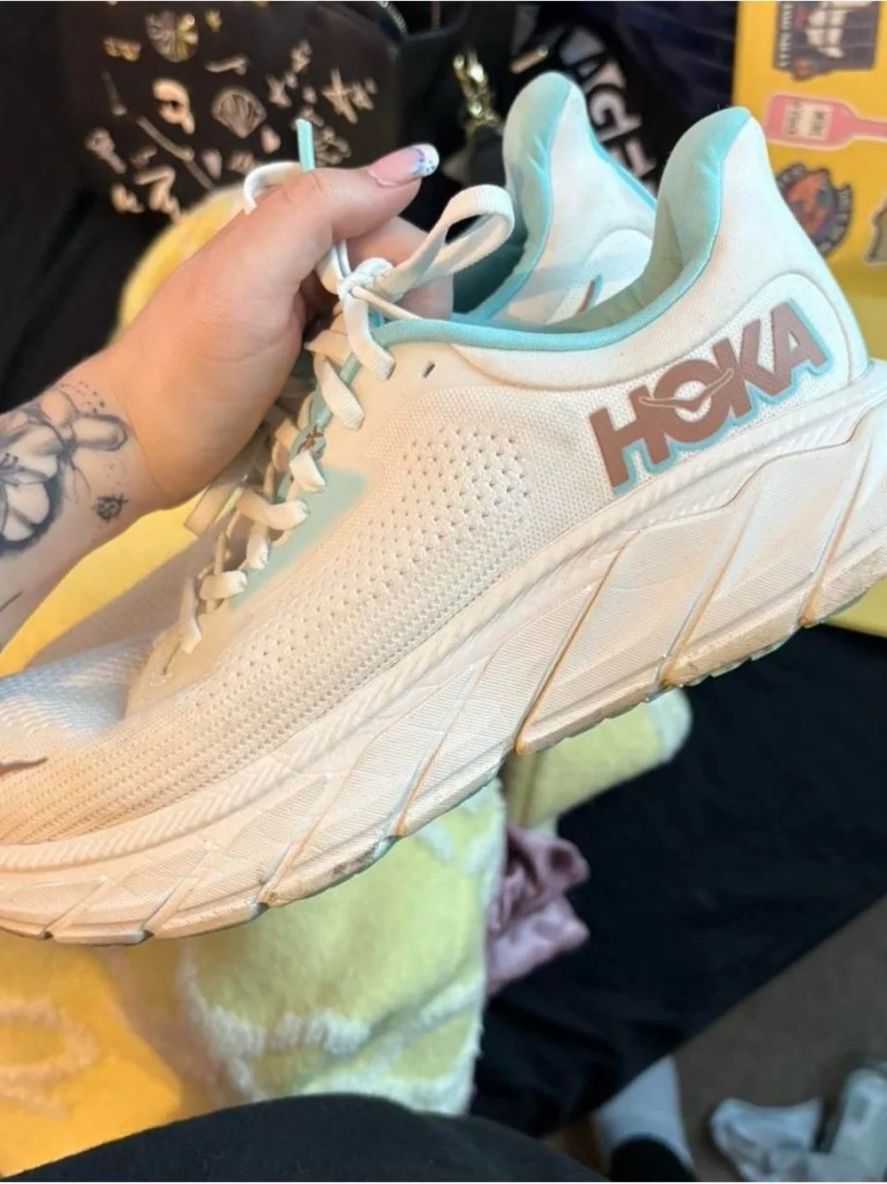 Hoka Women's White Running Sneakers with Light Teal Lining